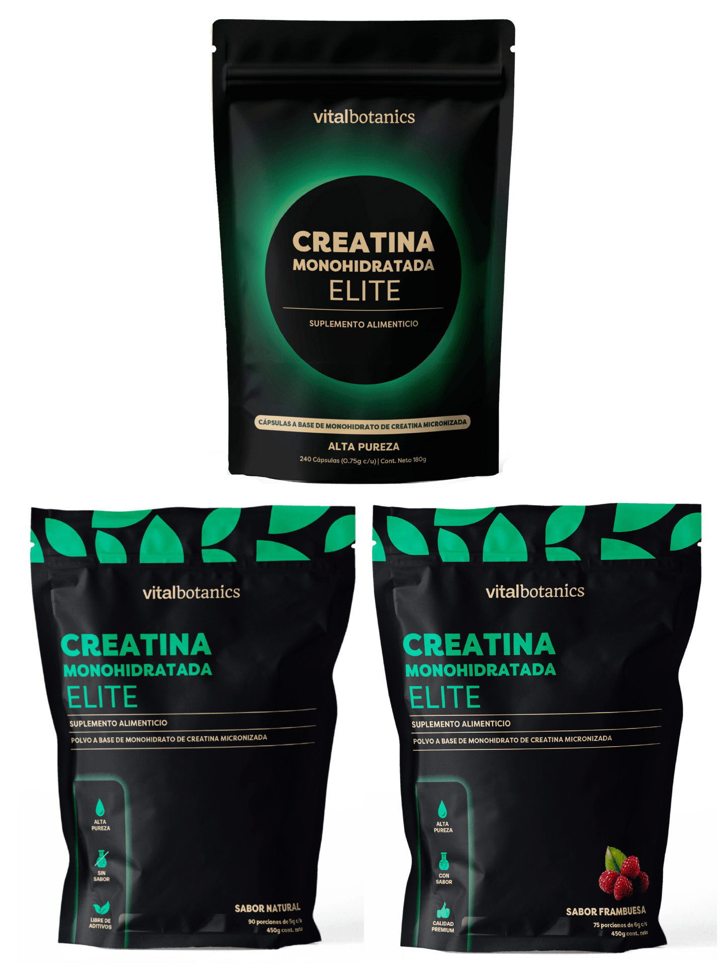 KIT CREATINAS ELITE | CREATINA MONOHIDRATADA ELITE POLVO SABOR NATURAL, CREATINA MONOHIDRATADA ELITE POLVO SABOR FRAMBUESA, CREATINA MONOHIDRATADA ELITE CÁPSULA | KIT CREATINAS ELITE