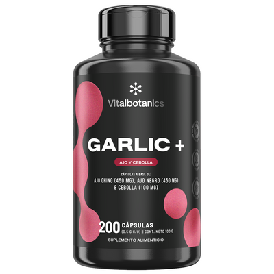 Frasco de Garlic+ Vitalbotanics – Ajo Negro con Ajo Chino y Cebolla en cápsulas