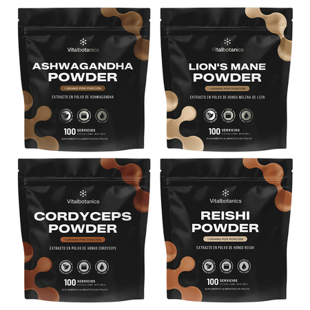 Adaptogens Kit Vitalbotanics – Ashwagandha, Reishi, Cordyceps y Melena de León en polvo