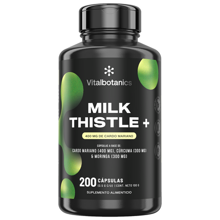 Frasco de Milk Thistle+ Vitalbotanics – Cardo Mariano con Cúrcuma y Moringa en cápsulas