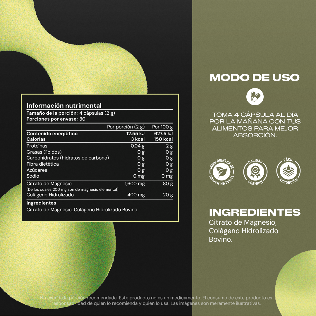 Tabla nutrimental Magnesium Citrate+ Vitalbotanics – citrato y colágeno por cápsula