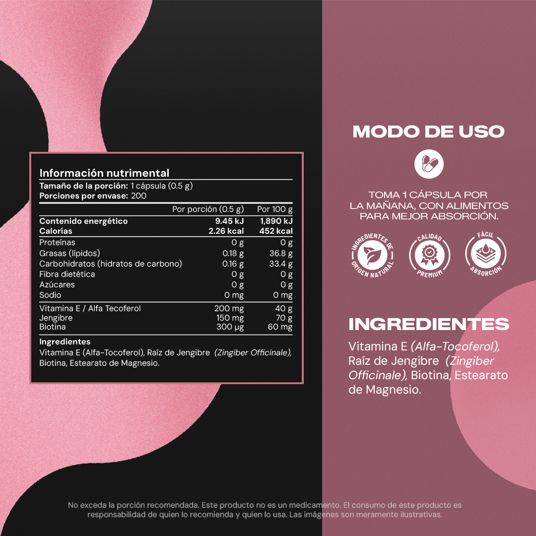 Biotin+ | Biotina con Vitamina E y Jengibre - Cabello, Piel y Uñas