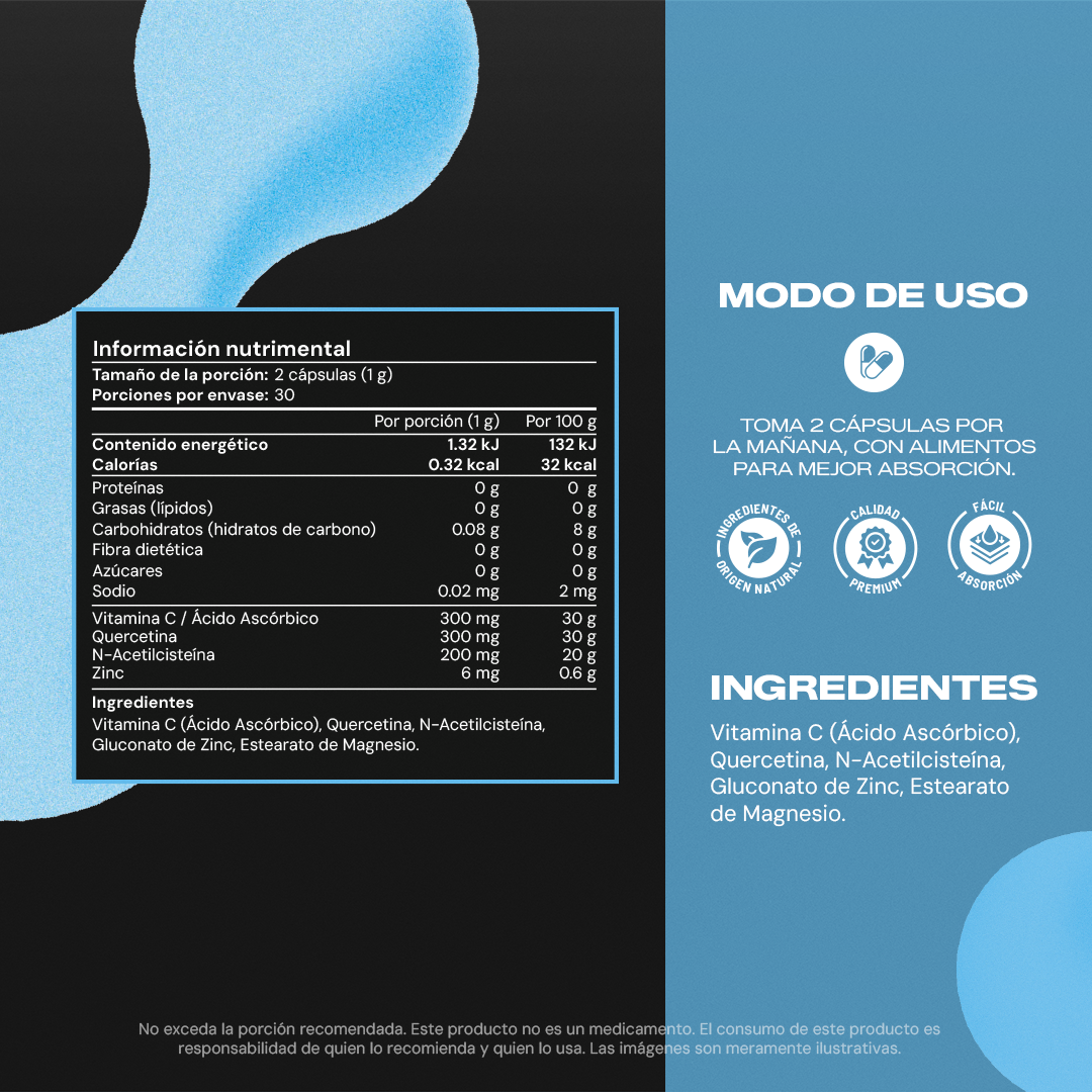 Quercetin+ | Quercetina con NAC, Vitamina C y Zinc - 1 g por porción