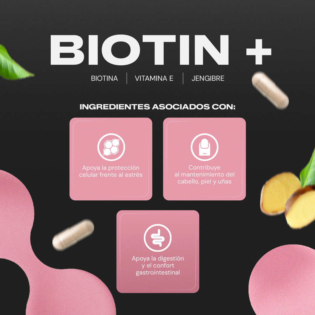 Biotin+ | Biotina con Vitamina E y Jengibre - Cabello, Piel y Uñas