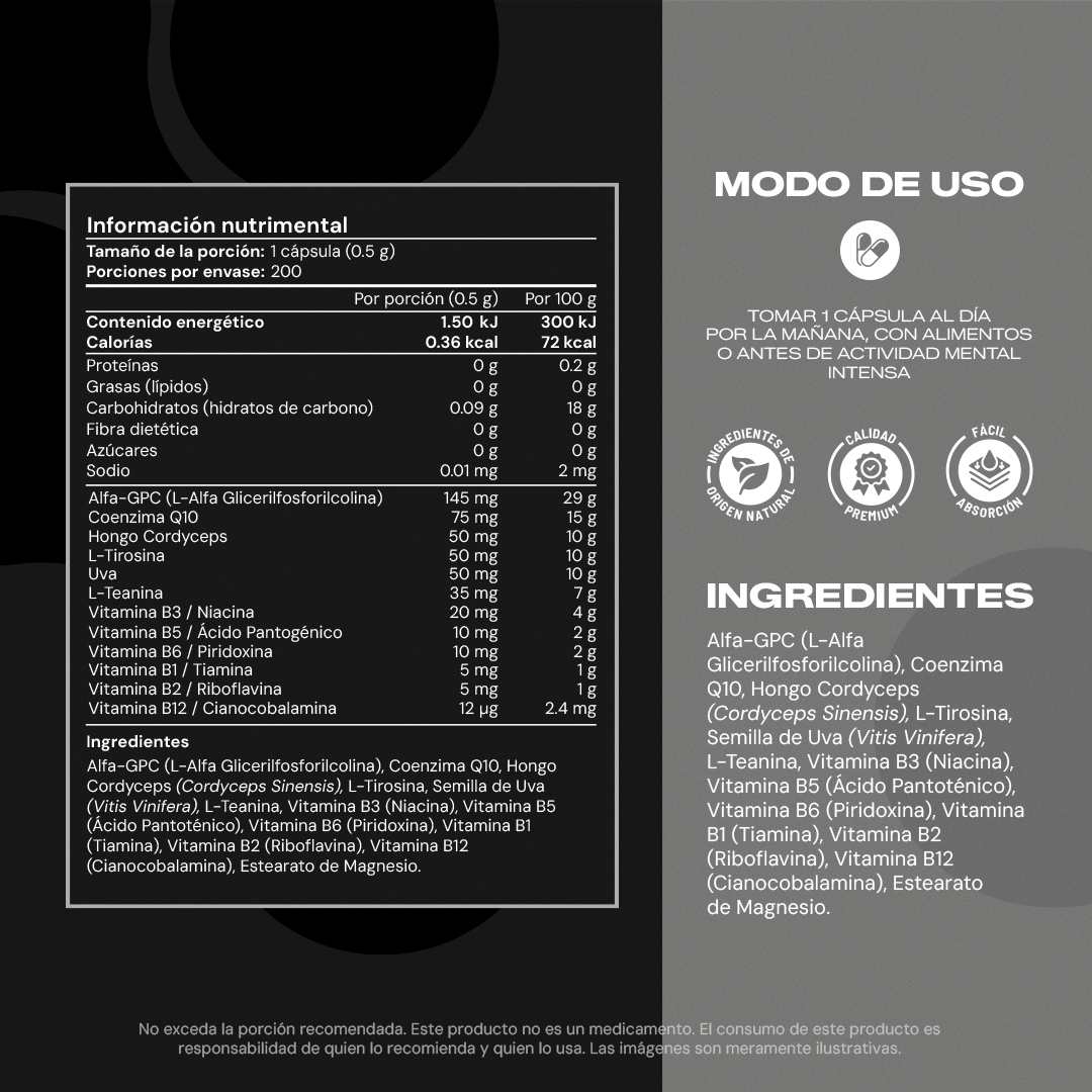 Tabla nutrimental Complex B+ Vitalbotanics – vitaminas del grupo B con Arándano Azul
