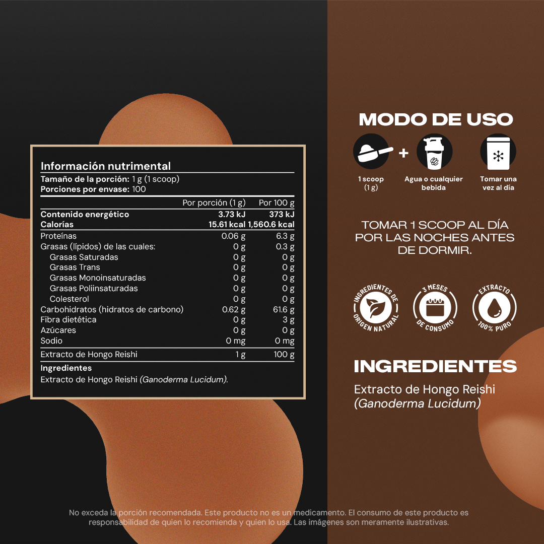 Tabla nutrimental de Melena de León Vitalbotanics – hongo funcional en polvo 100g