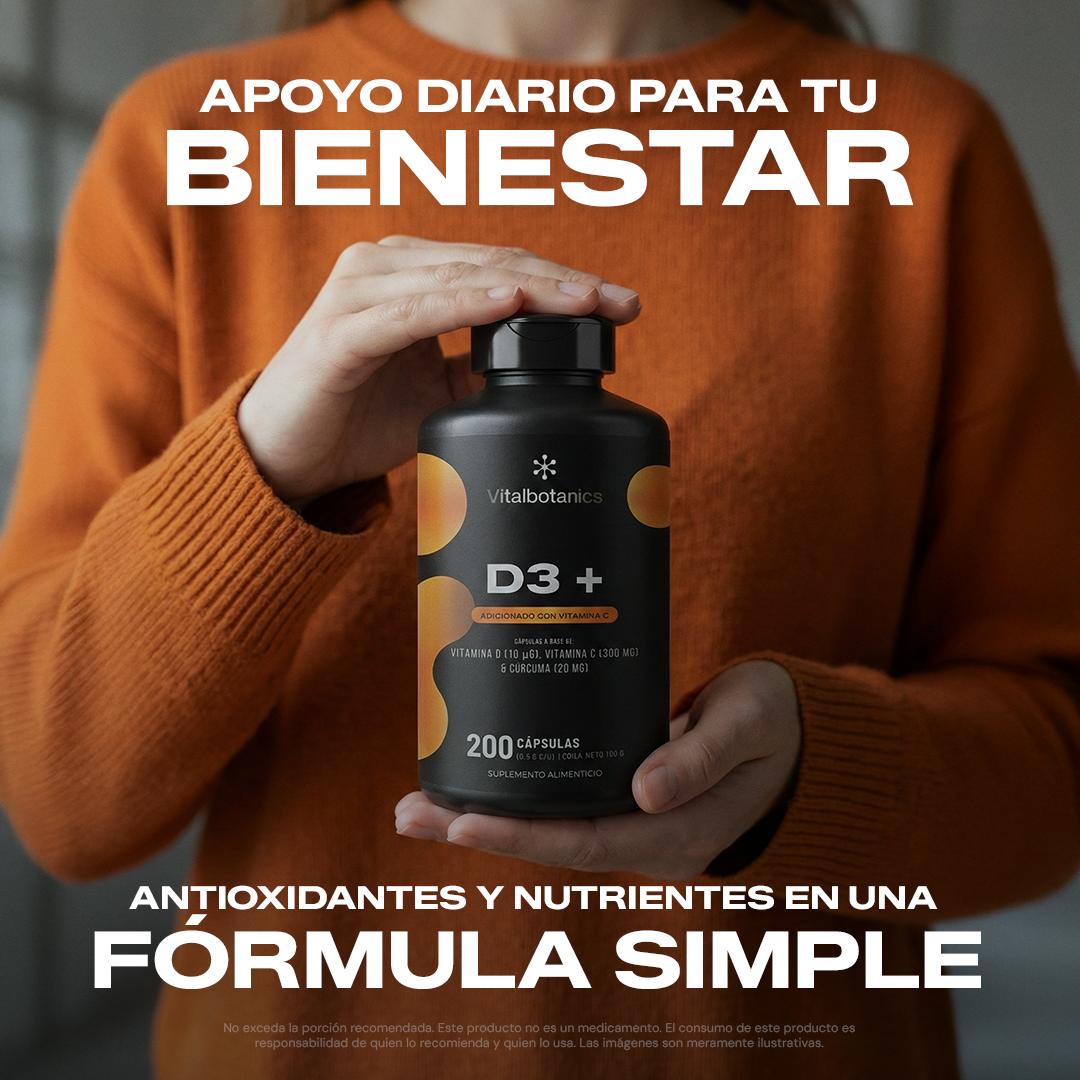 Ingredientes D3+ Vitalbotanics – Vitamina D3, Vitamina C y Cúrcuma de origen natural