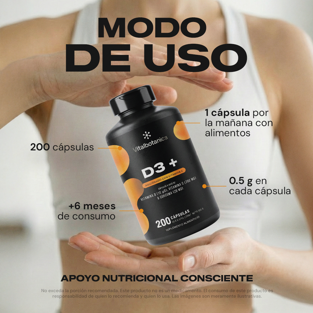 Modo de uso D3+ Vitalbotanics – dosis recomendada de Vitamina D3 con Vitamina C