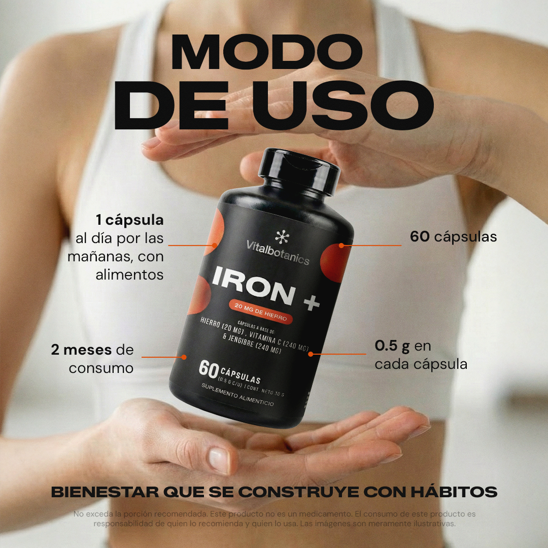 Modo de uso de Iron+ – 1 cápsula al día con alimentos, 60 o 200 cápsulas