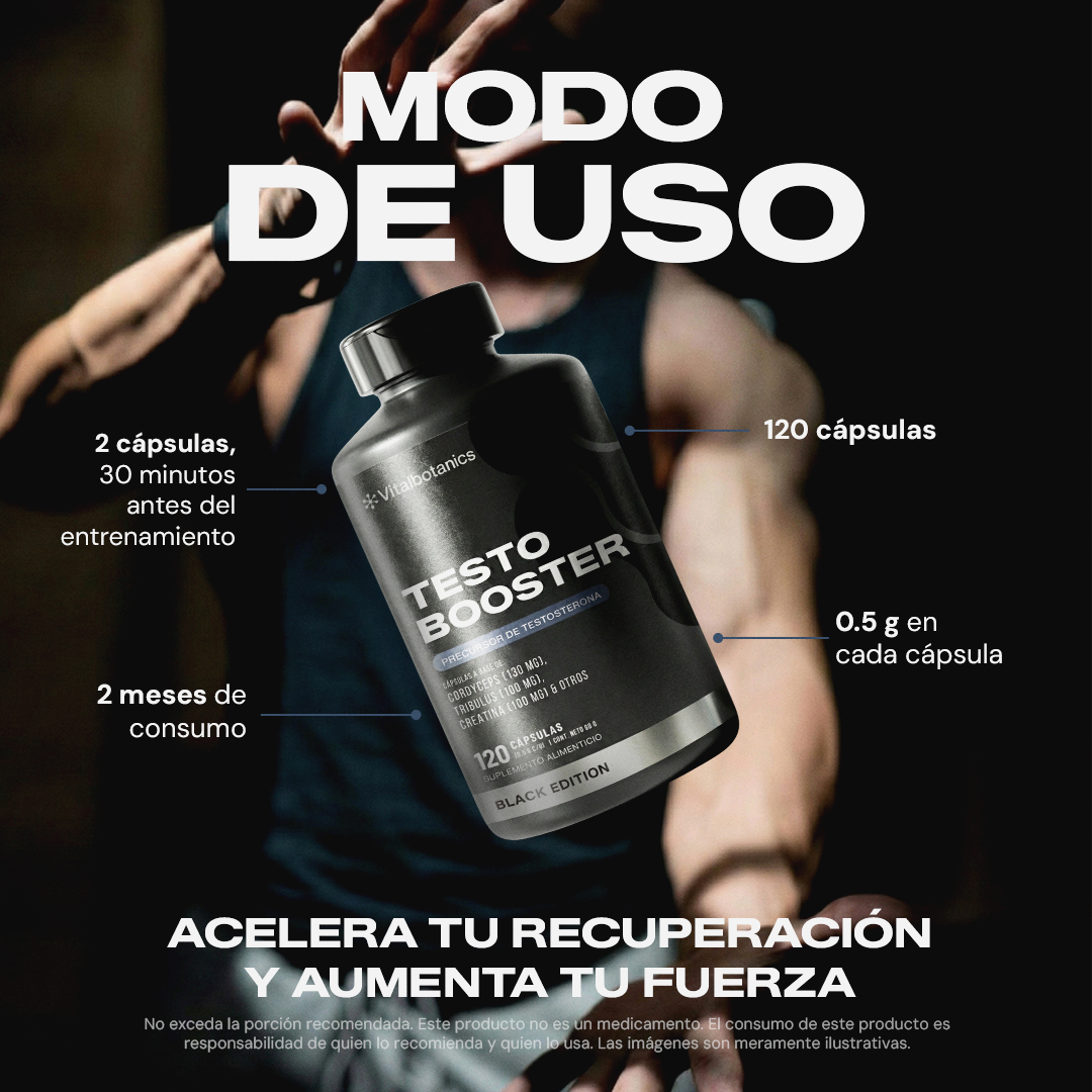 Modo de uso Testo Booster Black Vitalbotanics – 2 cápsulas al día suministro 2 meses