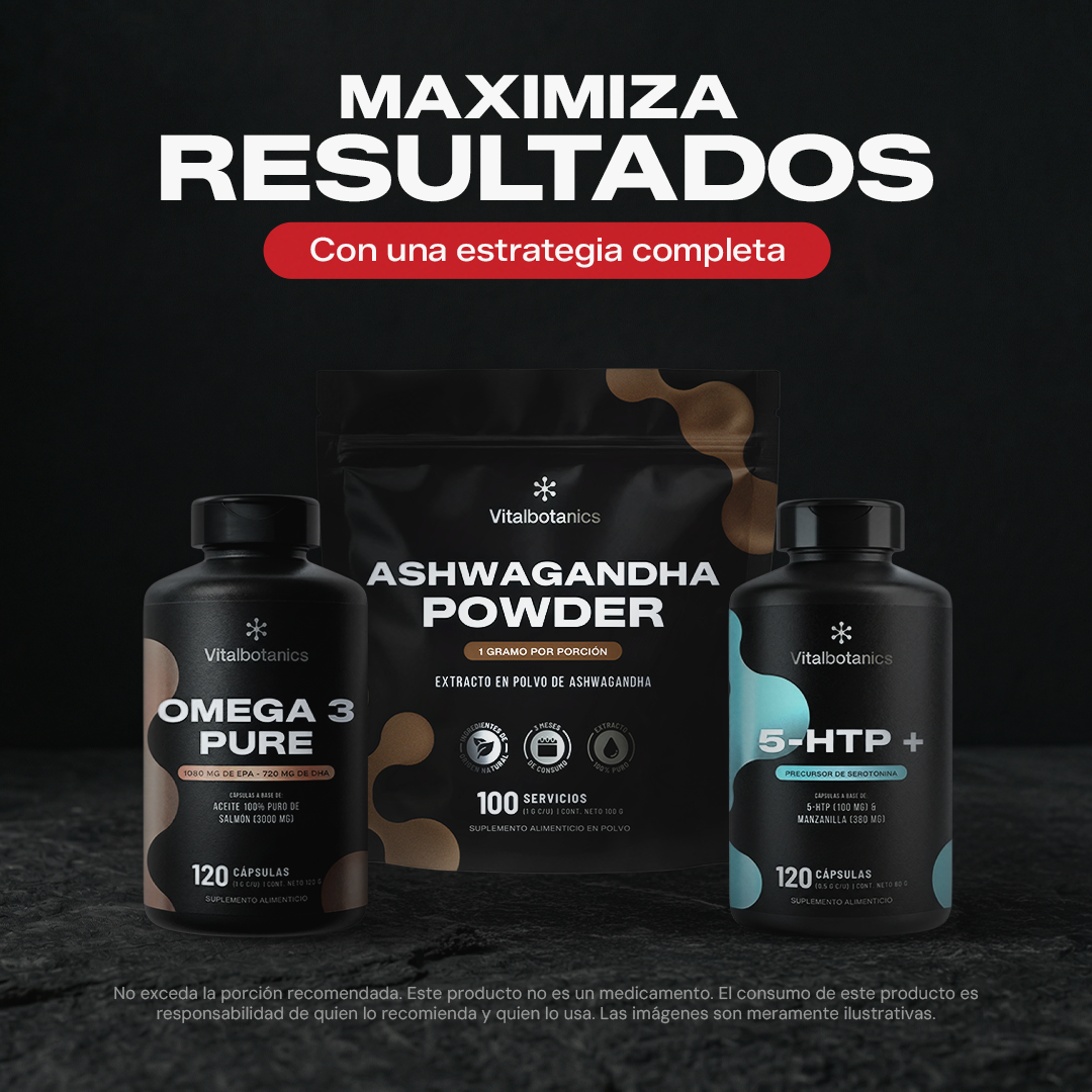 Contenido Kit Focus & Mind Vitalbotanics – tres frascos de suplementos nootrópicos