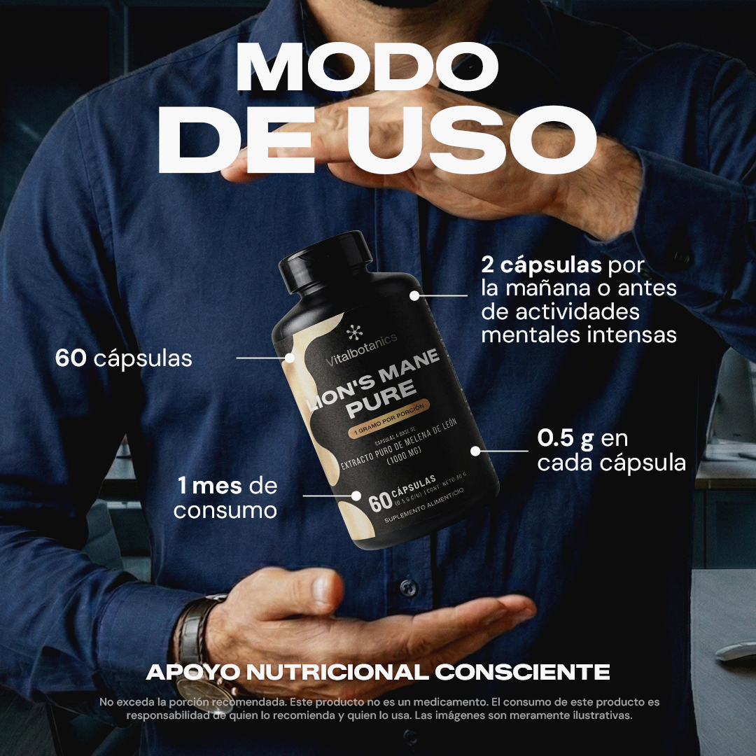 Modo de uso Lion’s Mane Pure Vitalbotanics – dosis recomendada 60 y 200 cápsulas