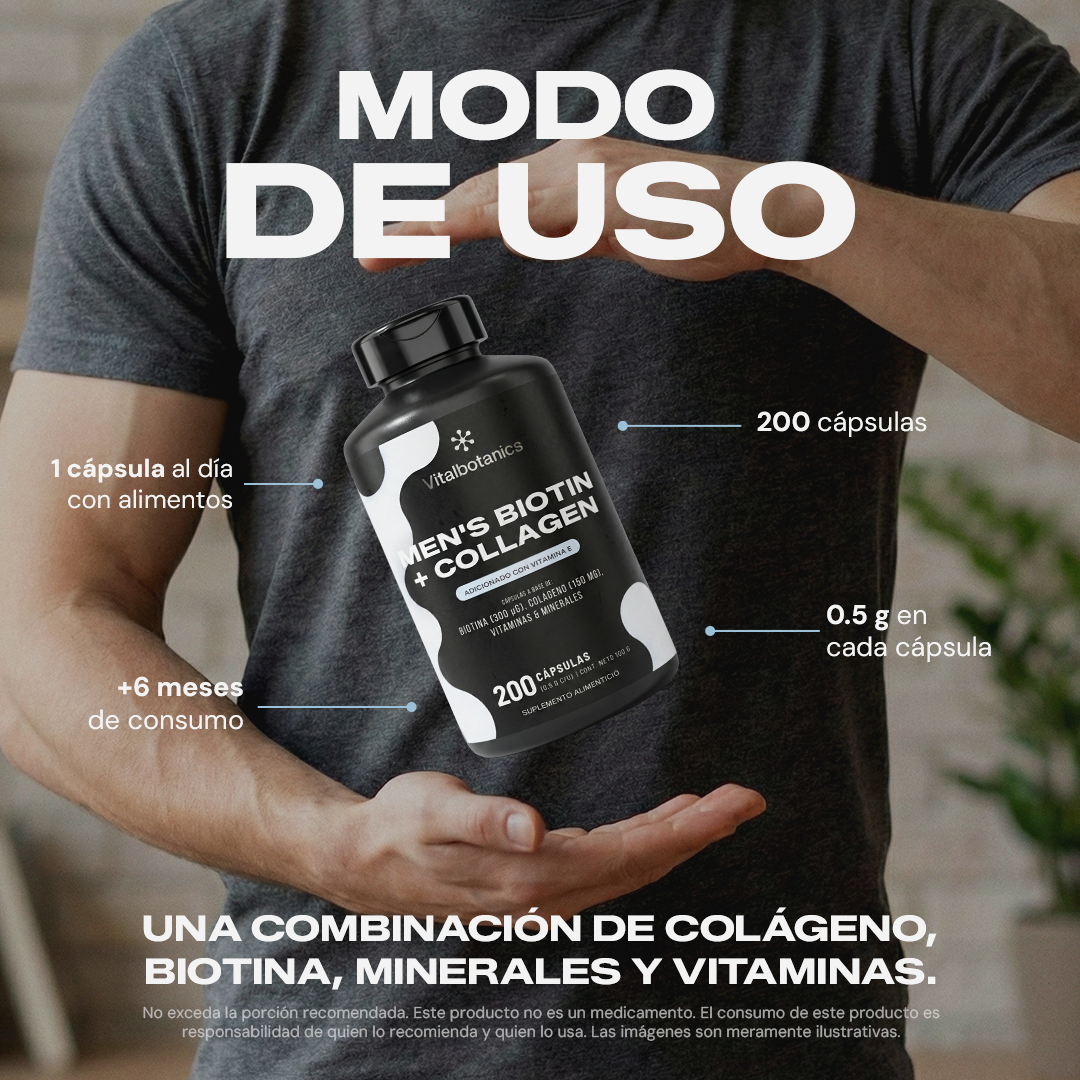 Modo de uso Men’s Biotin + Collagen Vitalbotanics – 1 cápsula al día suministro 6 meses