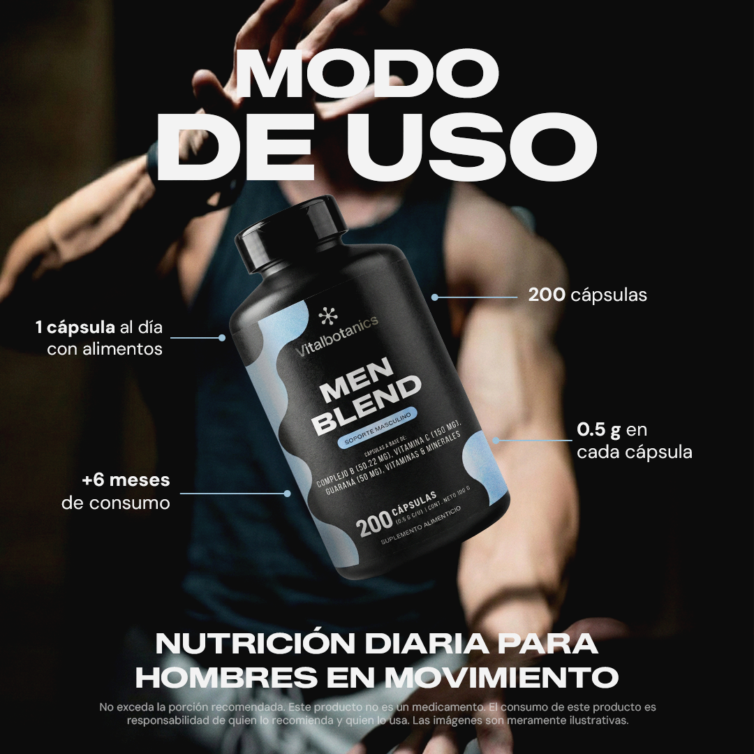 Modo de uso Men Blend 200c Vitalbotanics – 1 cápsula al día suministro 6 meses