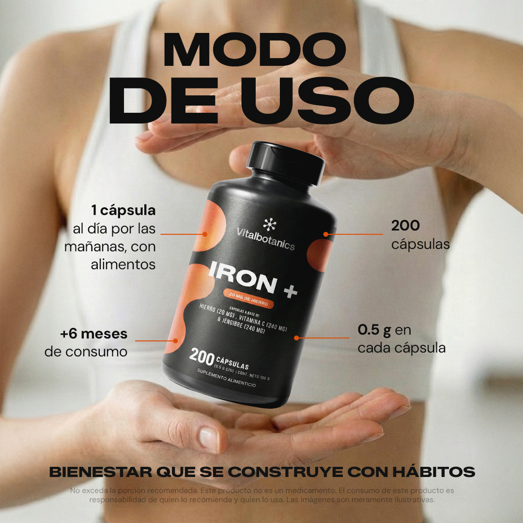 Modo de uso de Iron+ Vitalbotanics – dosis recomendada de hierro
