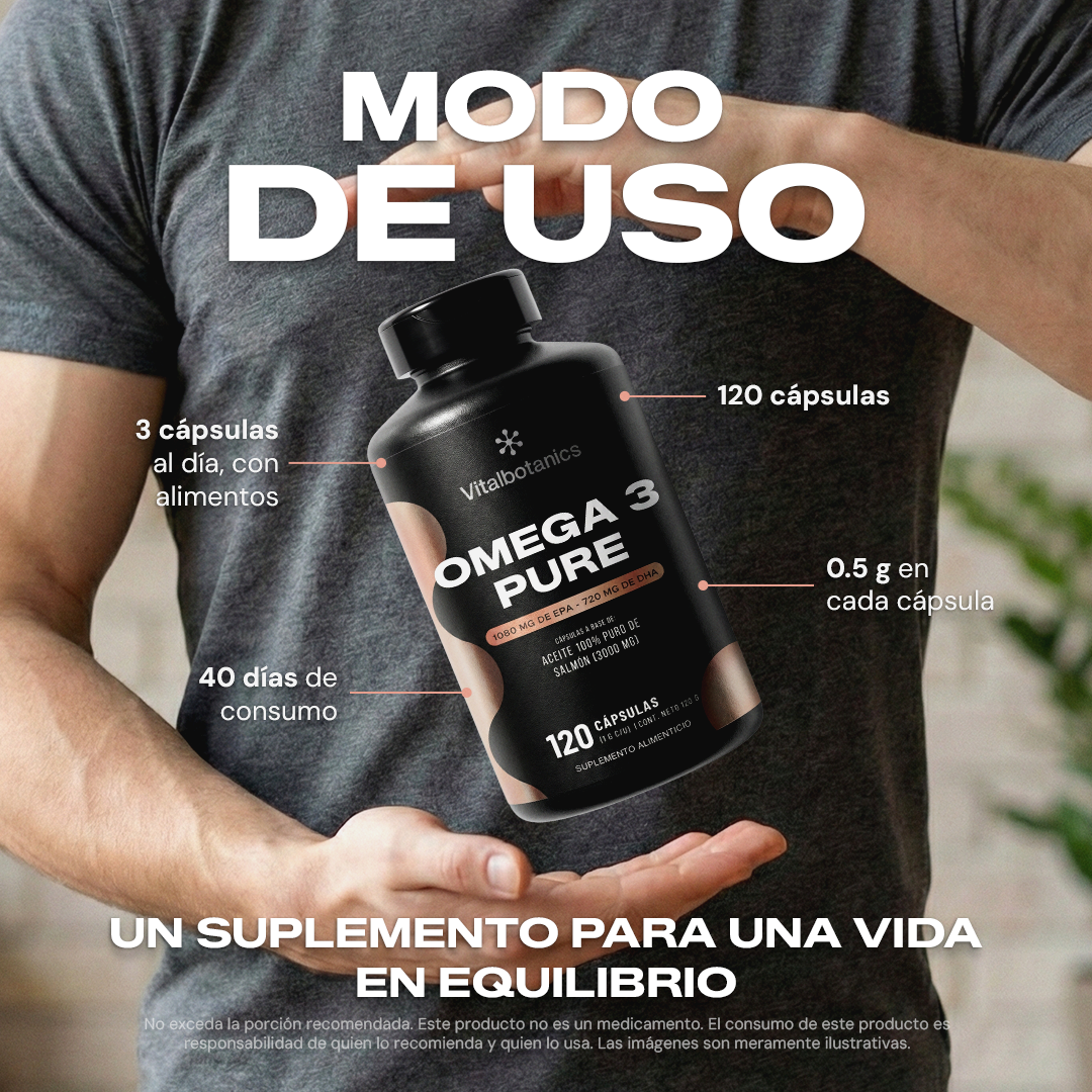 Modo de uso de Omega 3 Pure – 3 cápsulas al día con alimentos, 1080 mg EPA