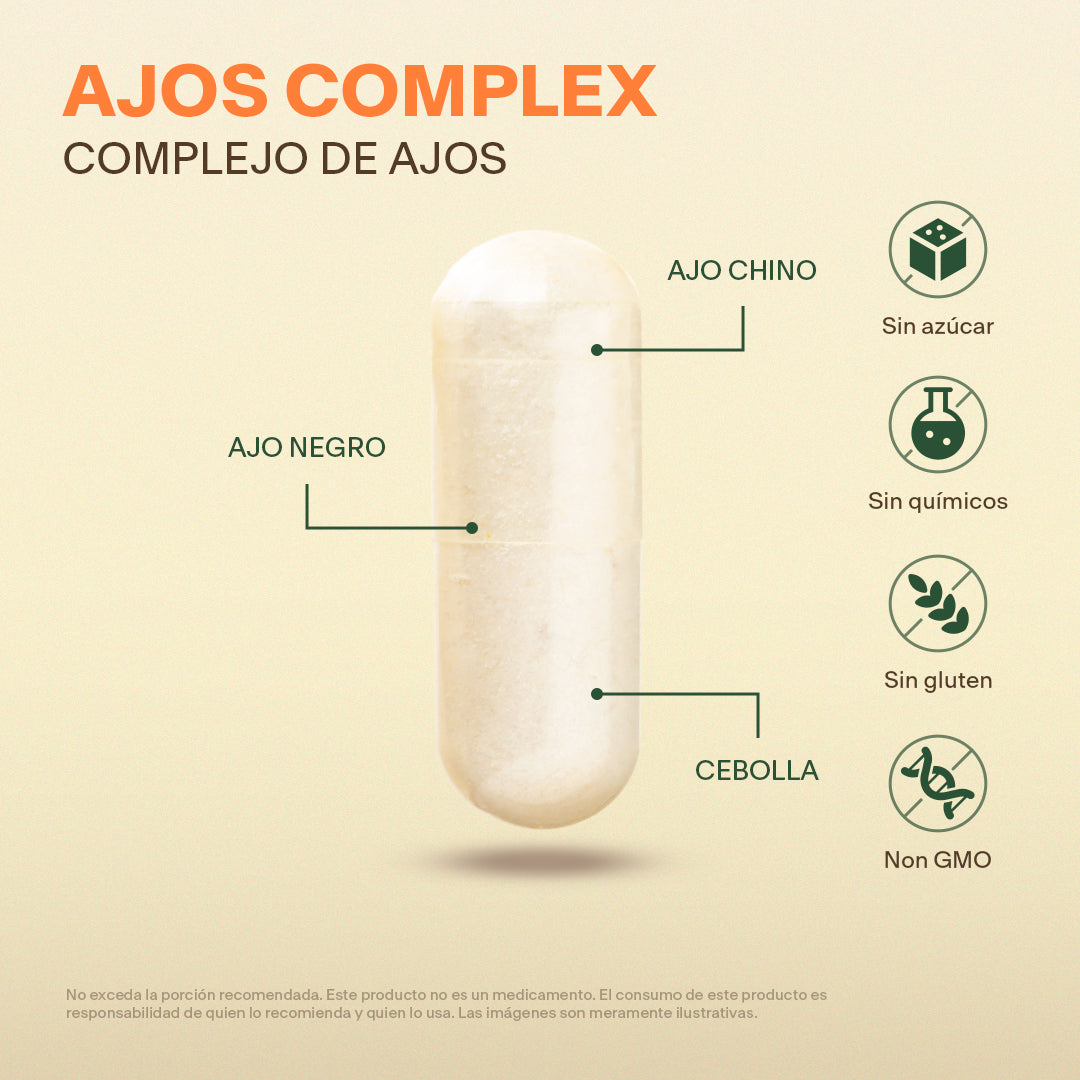 AJOS COMPLEX | Complejo de Ajo Chino, Ajo Negro y Cebolla – 200 Cápsulas