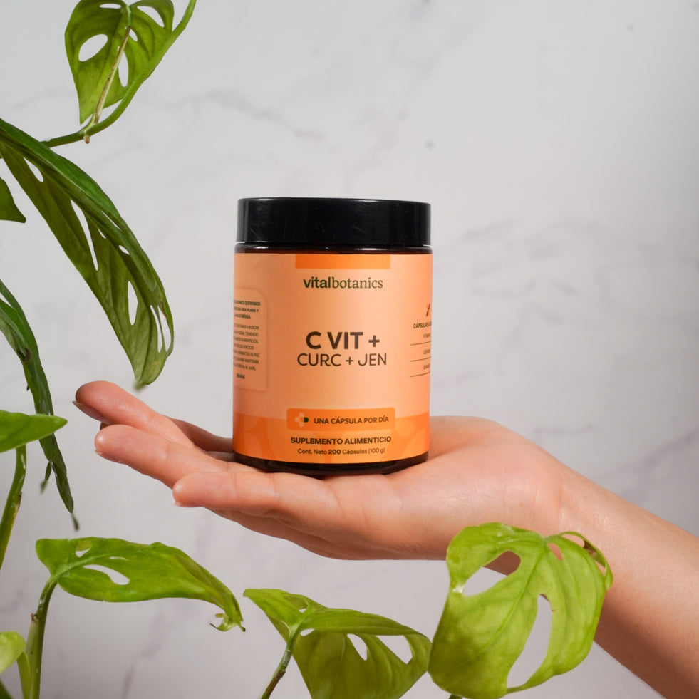 Vitamina C, Cúrcuma y Jengibre Vitalbotanics en mano – 200 cápsulas naturales