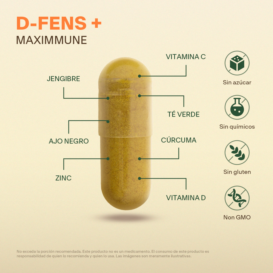 Tabla nutrimental D-FENS+ Maxximune Vitalbotanics – 200 cápsulas por porción