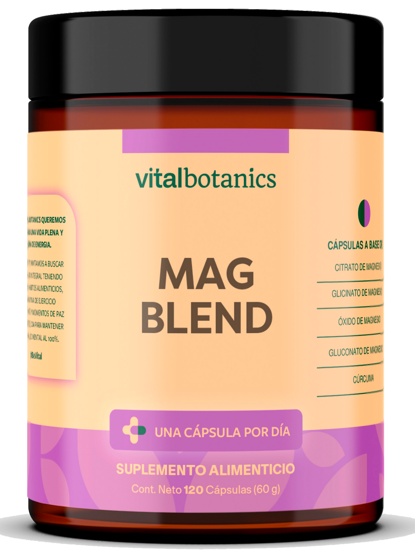 MAG BLEND | Mix de Magnesios con Citrato de Magnesio, Glicinato de Magnesio, Óxido de Magnesio, Gluconato de Magnesio y Cúrcuma. Con 120 cápsulas de 500mg (4 meses). VitalBotanics. Suplementos Alimenticios.