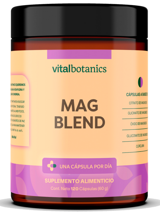 MAG BLEND | Mix de Magnesios con Citrato de Magnesio, Glicinato de Magnesio, Óxido de Magnesio, Gluconato de Magnesio y Cúrcuma. Con 120 cápsulas de 500mg (4 meses). VitalBotanics. Suplementos Alimenticios.