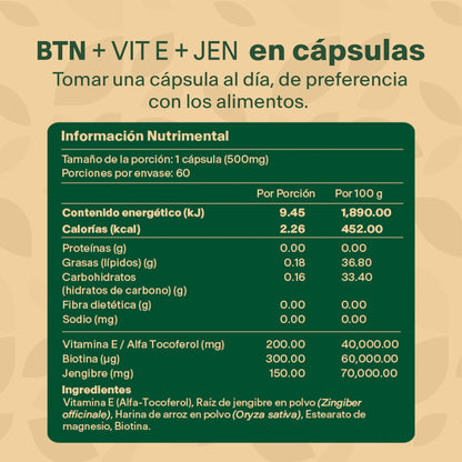 BTN + VIT E + JEN | Vitamina E / Alfa Tocoferol, Biotina y Jengibre