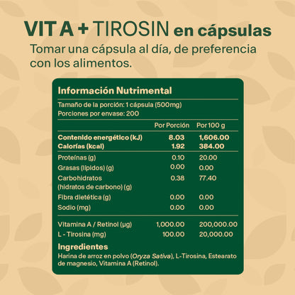 VIT A + TIROSIN | Vitamina A + Tirosina 200 cápsulas de 500mg