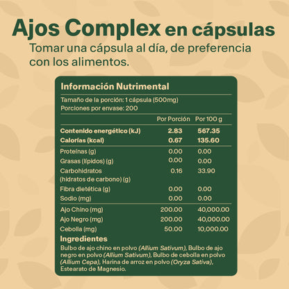 AJOS COMPLEX | Ajo Chino, Ajo Negro y Cebolla con 200 Cápsulas de 500 mg
