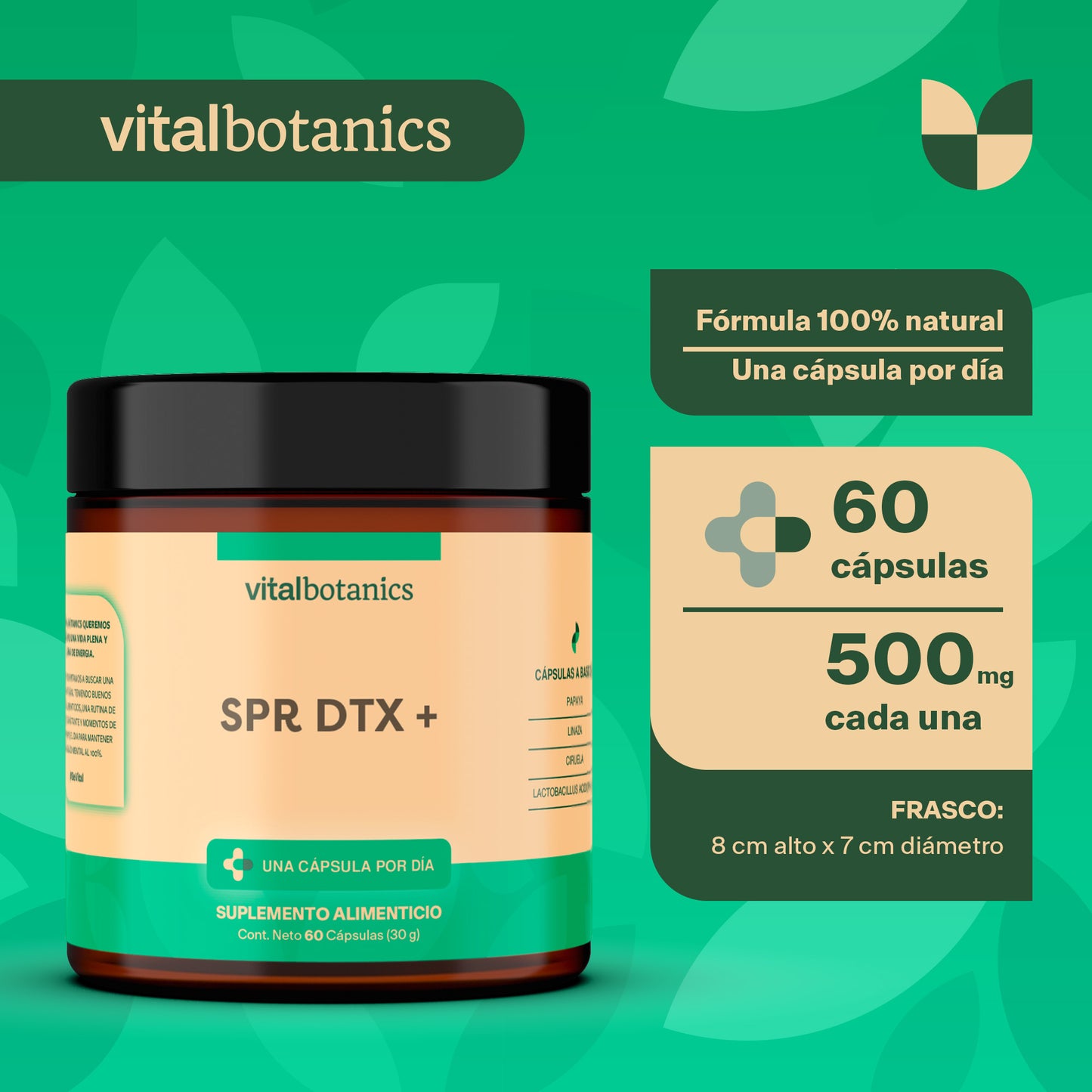 SPR DTX + | Ciruela, Linaza, Papaya y Lactobacillus Acidophilus con 60 Cápsulas de 500 mg