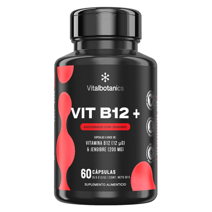 Frasco de Vit B12+ Vitalbotanics – Vitamina B12 con Jengibre en cápsulas