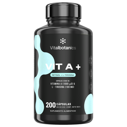 Frasco de Vit A+ Vitalbotanics – L-Tirosina con Vitamina A en cápsulas