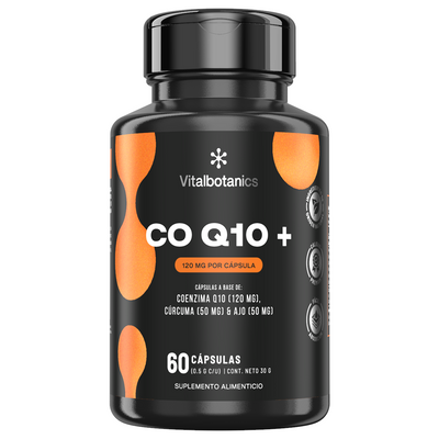 Frasco de CoQ10+ Vitalbotanics – Coenzima Q10 con Cúrcuma y Ajo en cápsulas
