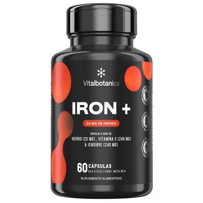 Frasco de Iron+ Vitalbotanics – Hierro 20mg con Vitamina C y Jengibre en cápsulas