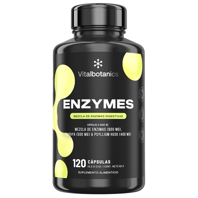 Frasco de enzimas digestivas Vitalbotanics con Bromelina, Papaína y Pancreatina en cápsulas