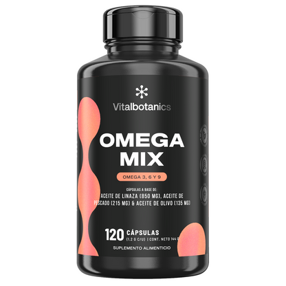 Frasco de Omega Mix Vitalbotanics – Omega 3, 6 y 9 de linaza, pescado y olivo en cápsulas