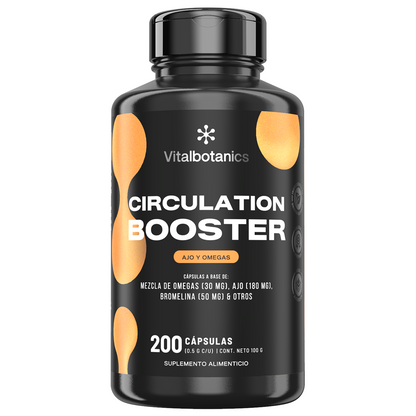 Circulation Booster Vitalbotanics – vista frontal frasco con Ajo, Omega 3 y Cúrcuma