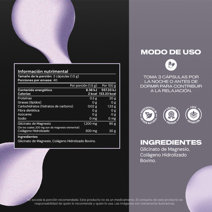 Tabla nutrimental Magnesium Glycinate+ Vitalbotanics – glicinato y colágeno por cápsula