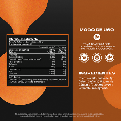 Tabla nutrimental de CoQ10+ con Coenzima Q10, Cúrcuma y Ajo por cápsula