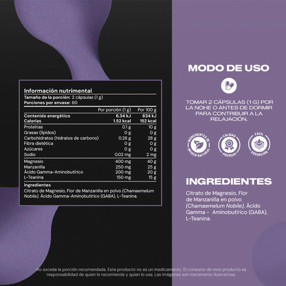 Tabla nutrimental de Sleep Booster con GABA, L-Teanina, Manzanilla y Magnesio