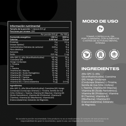 Tabla nutrimental de Cognitive Booster Black – Alpha-GPC, L-Teanina y CoQ10 por cápsula