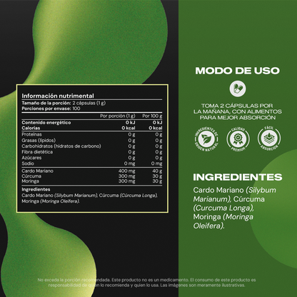 Tabla nutrimental de Liver Booster – Cardo Mariano y Cúrcuma por cápsula
