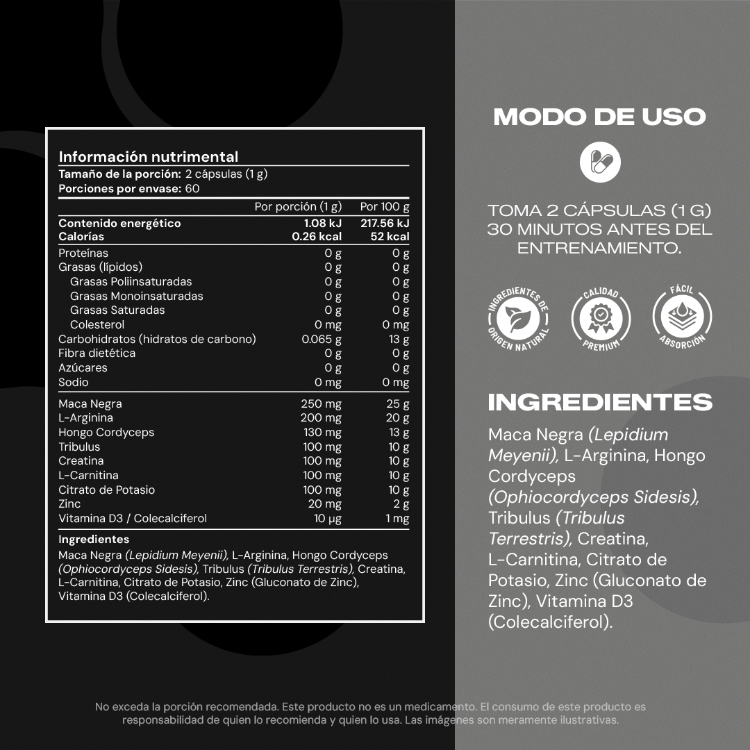 Testo Booster Black | Maca Negra con Cordyceps y Creatina - Vitalidad Masculina