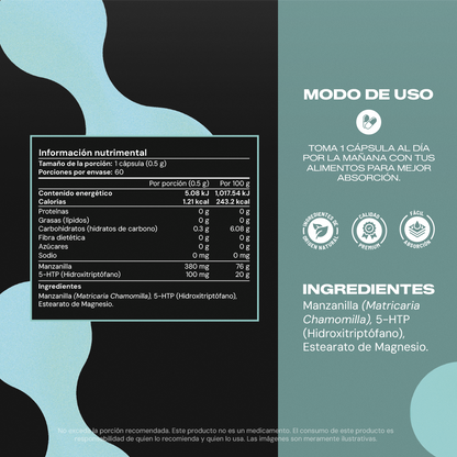 Tabla nutrimental 5HTP+ Vitalbotanics – 5-HTP y Manzanilla por cápsula