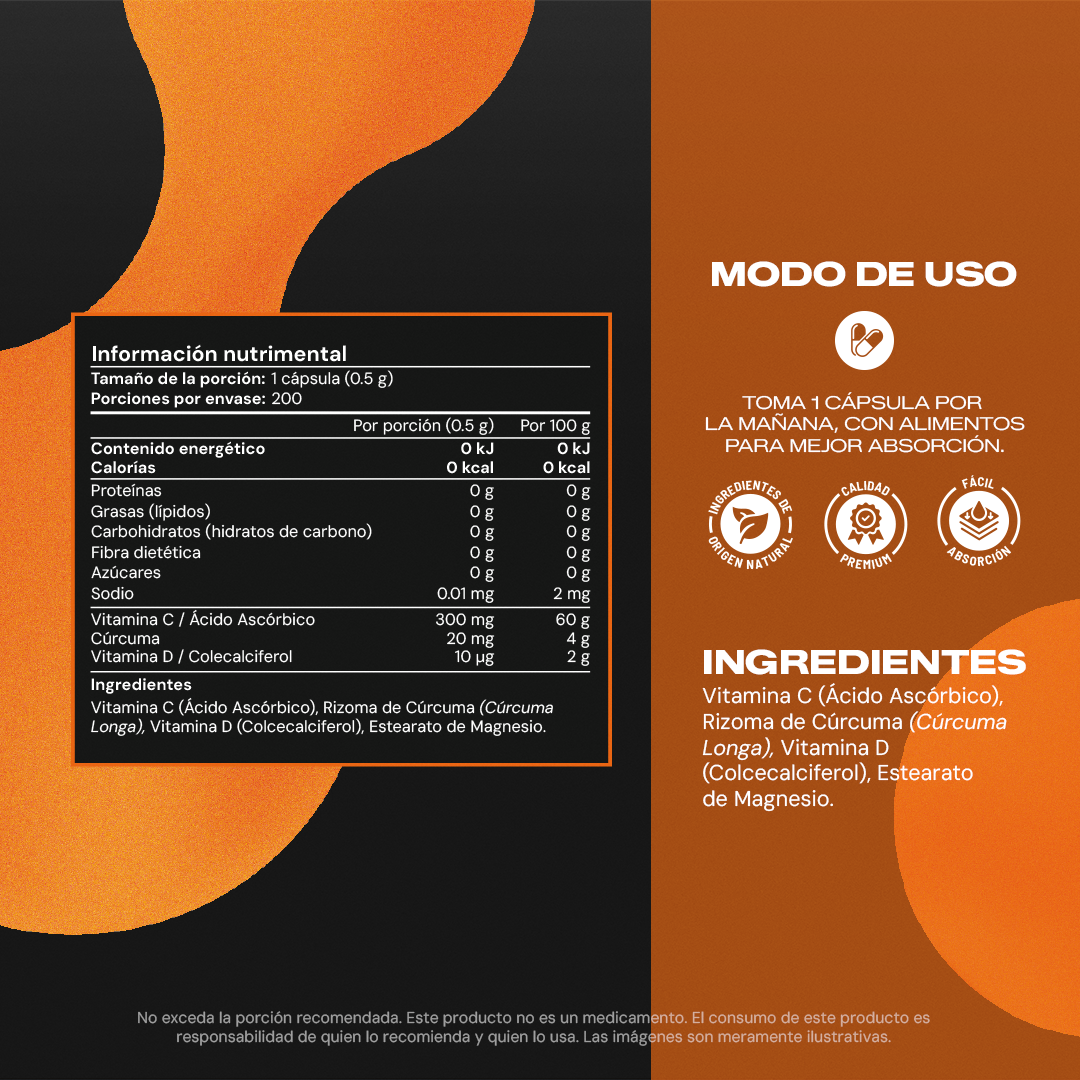 D3+ | Vitamina D3 con Vitamina C y Cúrcuma - Sistema Inmune y Huesos