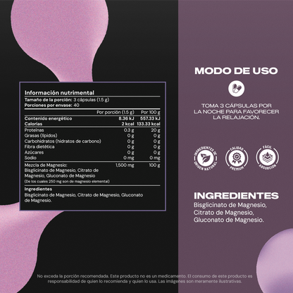 Tabla nutrimental Magnesium Mix+ Vitalbotanics – Citrato, Bisglicinato y Gluconato