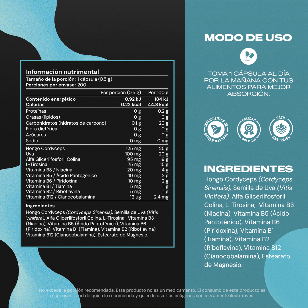 Cognitive Booster | Alpha-GPC con Cordyceps y L-Tirosina - Nootrópico