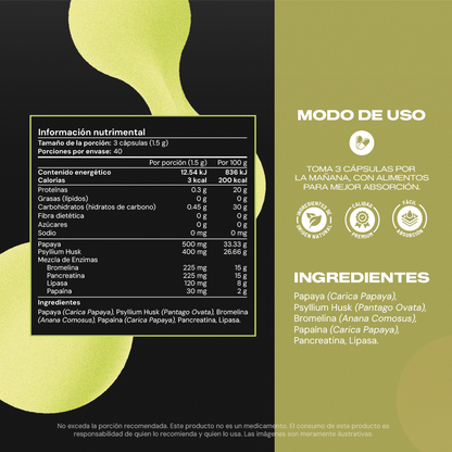 Tabla nutrimental de enzimas digestivas con Bromelina, Papaína, Pancreatina y Lipasa