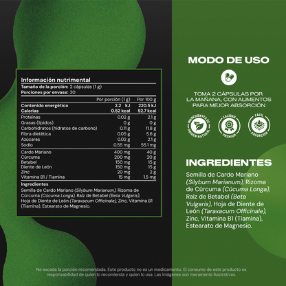 Tabla nutrimental Liver Booster – Cardo Mariano, Cúrcuma, Betabel, Diente de León y Zinc