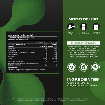 Tabla nutrimental Magnesium Citrate+ Powder Vitalbotanics – citrato y colágeno por porción
