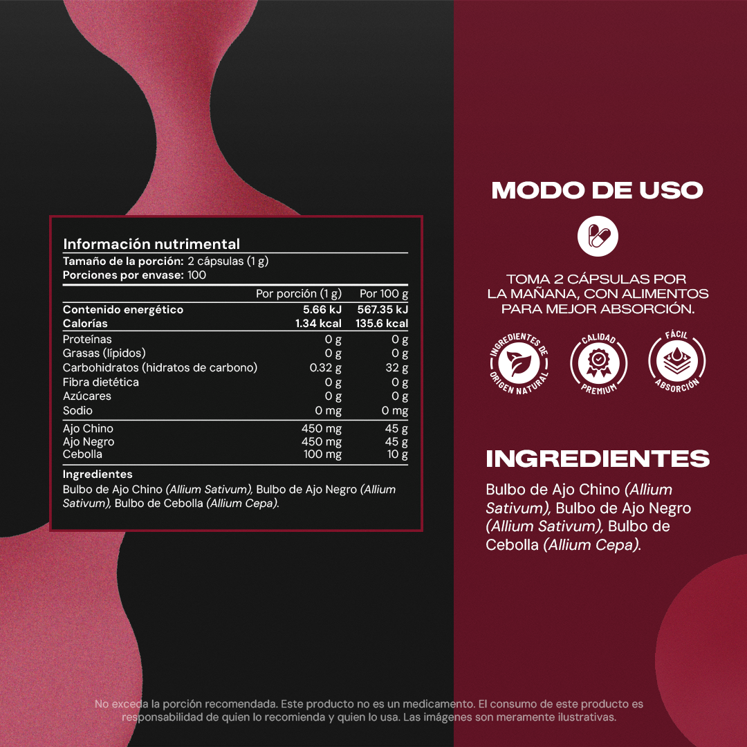 GARLIC + Ajo Chino, Ajo Negro y Cebolla | 200 Cápsulas